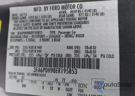 2014 Ford Fusion Se z USA, uszkodzony, nr VIN 3FA6P0H98ER195853